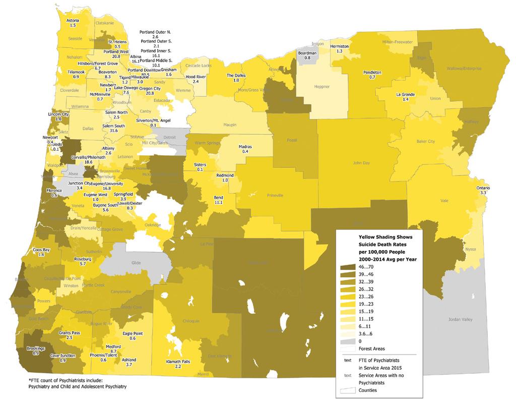 ACCESS: Specialists Psychiatrists FTE by Service Area, 2015 and Suicide Death Rates, 2010-2014 Average Per Year Suicide is the eighth leading cause of death in Oregon, with higher mortality rates in