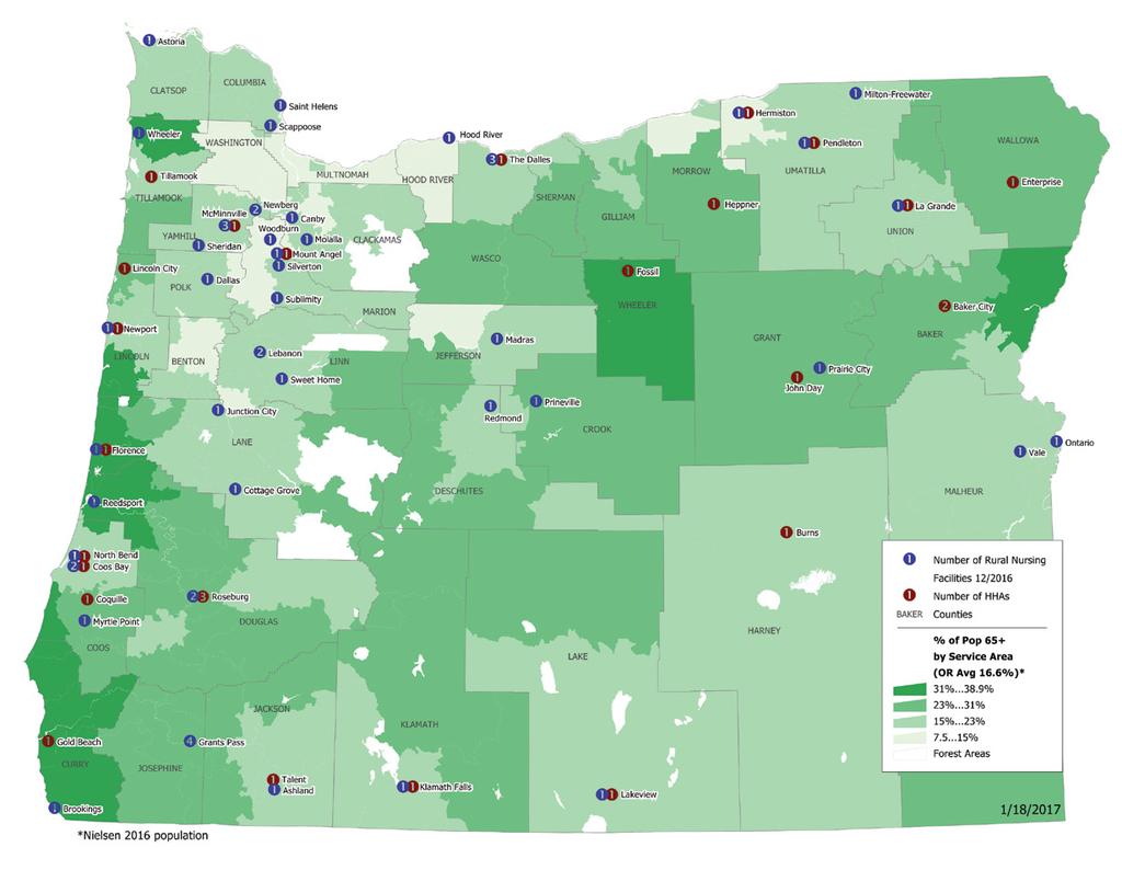 ACCESS: Long-Term Care Home Health Agencies and Nursing Facilities In Oregon and the Percentage of the Population 65 Years and Older, by Service Area, 2016 Older rural and frontier residents have