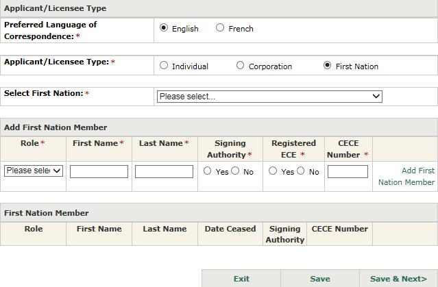 7.7 If you are applying as a First Nation: 7.7.1 Select the First Nation. 7.7.2 Add First Nation members: Note: In order to complete and save the initial profile, at least First Nation member record having the Chief role is required.