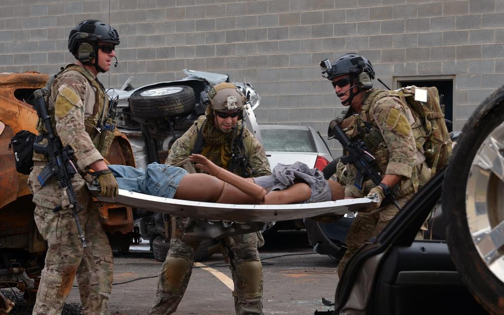 Pararescue Jumpers and Combat Rescue Officers, 920th Rescue Wing, Patrick AFB, FL, conduct search and rescue response training at the Guardian Center training facility March 8, 2015 in Perry, GA.