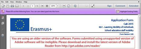 If you are using a different version than the above mentioned ones you will not be able to properly use the form and will be confronted with the following screen: Incompatible Readers Adobe Reader