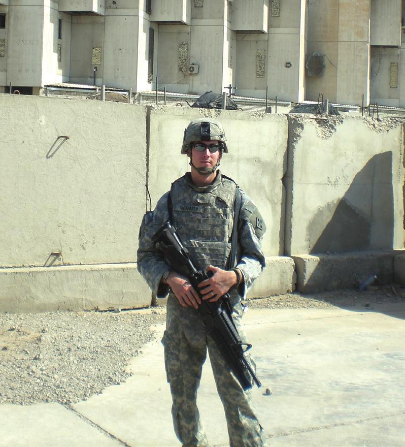 (left) Hackbarth in ROTC class at UW Oshkosh. (right) Hackbarth at COB Callahan Baghdad, Iraq 2008.