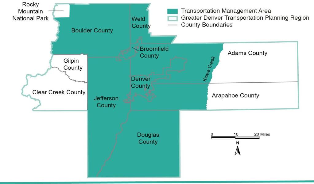 DRCOG is the MPO, includes four urbanized areas, encompasses slightly more than 3,600 square miles, and consists of the portions of Adams and Arapahoe counties west of Kiowa Creek; all of Broomfield,