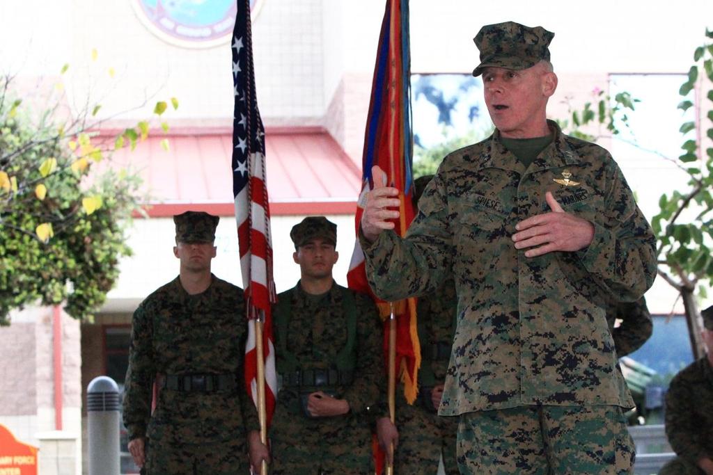 Maj. Gen. Melvin G. Spiese, outgoing commanding general of 1st Marine Expeditionary Brigade, addresses Marines during a change-of-command ceremony at Camp Pendleton, Dec. 13.