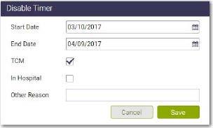 3. In the Disable Timer window, enter a Start Date and End Date for the period during which the timer will not pop up for this patient.