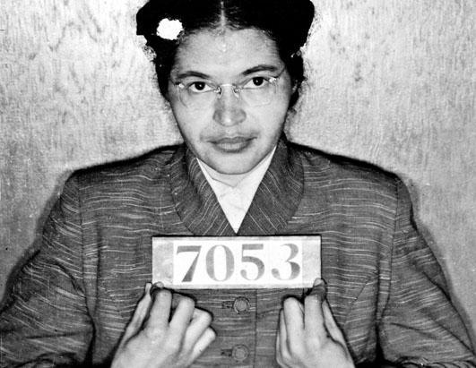 MONTGOMERY BUS BOYCOTT Rosa Parks refuses to vacate her bus seat for a white person in Montgomery, Alabama, prompting black and white women to join together to fight