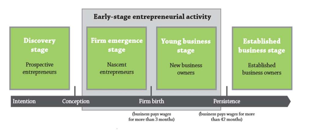 Stages of entrepreneurial process in GEM Source: GEM Methodology