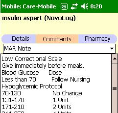 The medication charting will display on the Diabetic Flowsheet Tap
