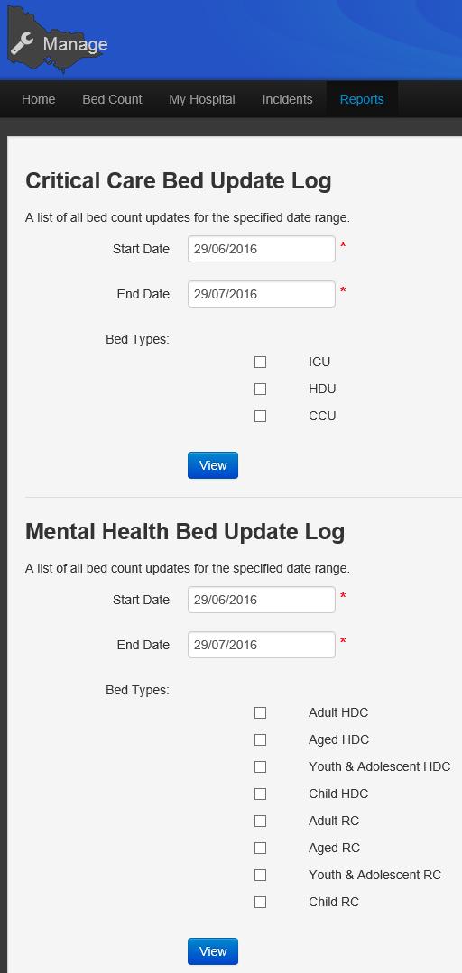 Reports can now be run according to bed type for each area within REACH. You can choose to run separate reports for each bed type, or select multiple to include all bed types in the one report.