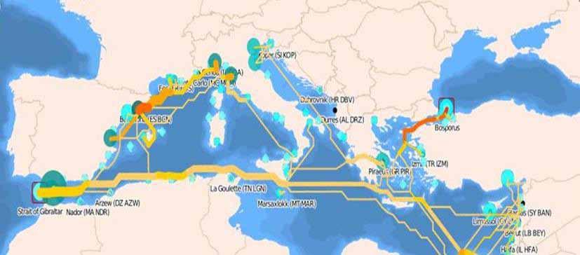 Main Maritime Traffic Rutes by the Mediterranean Sea IIlegal slicks exist,