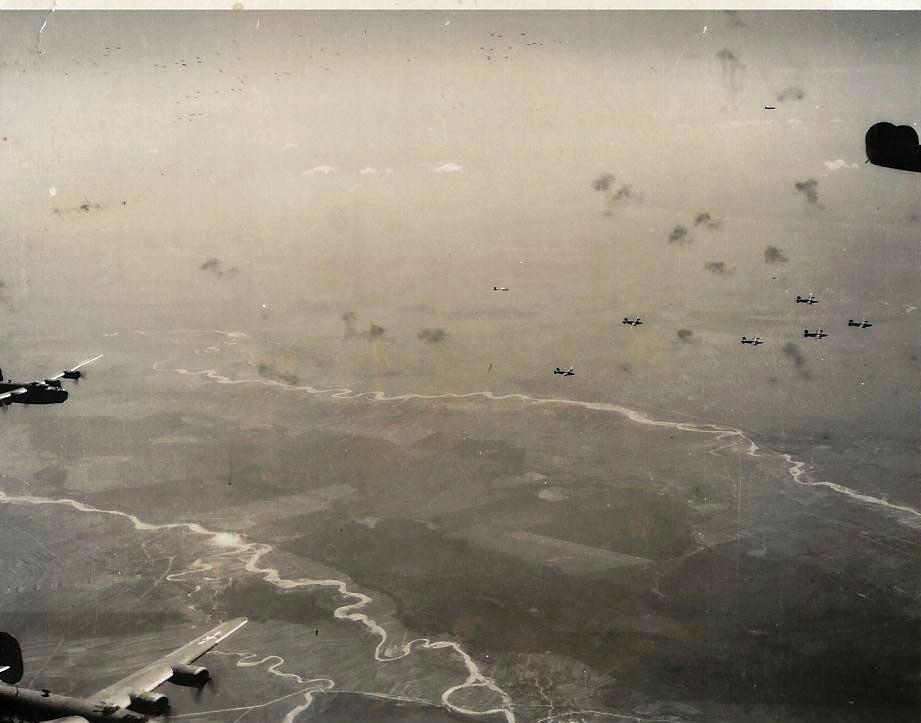 P. Six enemy fighters stood off lobbing rockets into the formation then closed to 100 yards for a gun attack.. Two of the Squadron's bombers were shot down over the target.