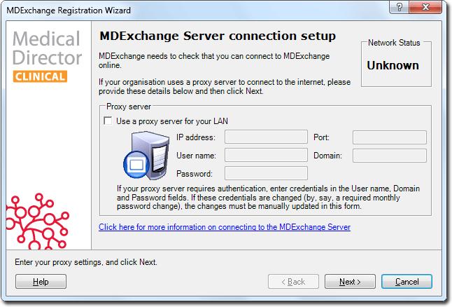 3. The MDExchange Server Connection Setup window appears. 4. Click the Next button. A test for connectivity is now performed, as indicated in the upper-right of the window.