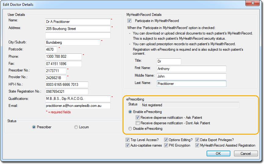 STEP 3: Configure eprescribing Practitioner Configuration 1. From the MedicalDirector Clinical front screen, select User > Setup Users. The User Database window appears. 2.