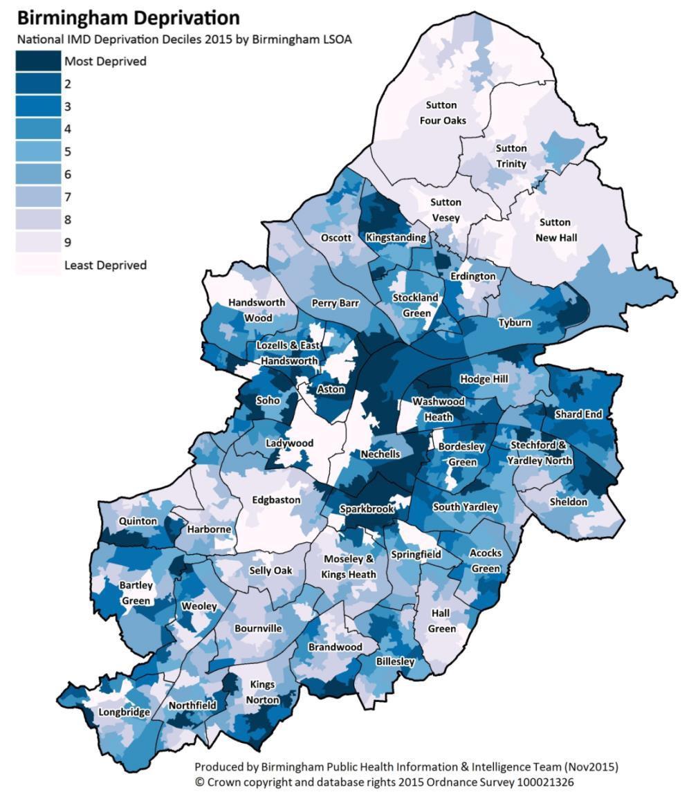 Figure 4 Map of Birmingham showing deprivation level at Lower Super Output Area (LSOA) level Source: Index of Multiple Deprivation (2015) Population forecast Birmingham has a very dynamic population,