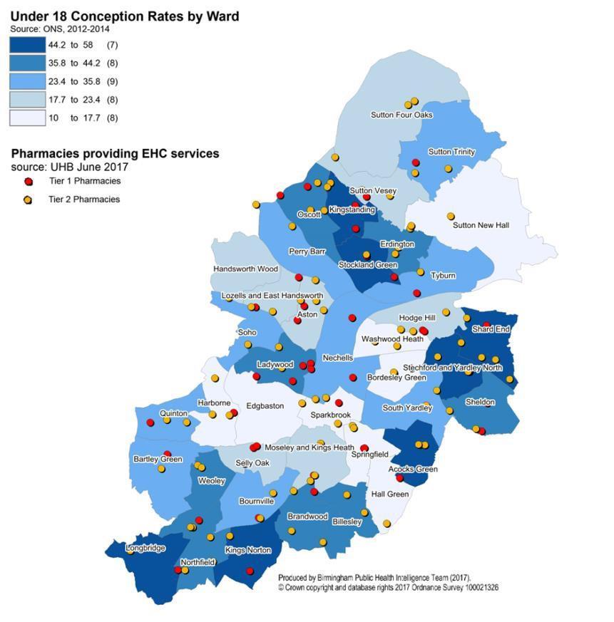 Figure 14: Location of pharmacies providing tier one and tier two sexual health services There appears to be a good geographical spread of providers across the city, although data regarding demand