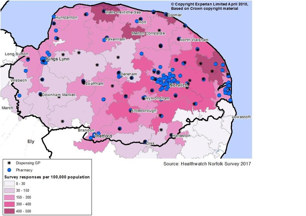 3.2 Locality of residence in Norfolk 2,150 out of 2,236 supplied an outcode (the first half of their postcode) and of these 2,140 were suitable for mapping to the outcodes of postcodes within the