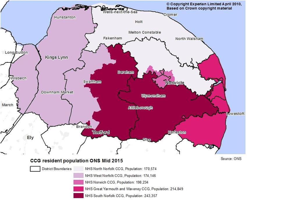 FIGURE 2: MAP ILLUSTRATING CCGS WITH THEIR REGISTERED POPULATION SIZES. DISTRICT COUNCIL BOUNDARIES ARE ALSO SHOWN.