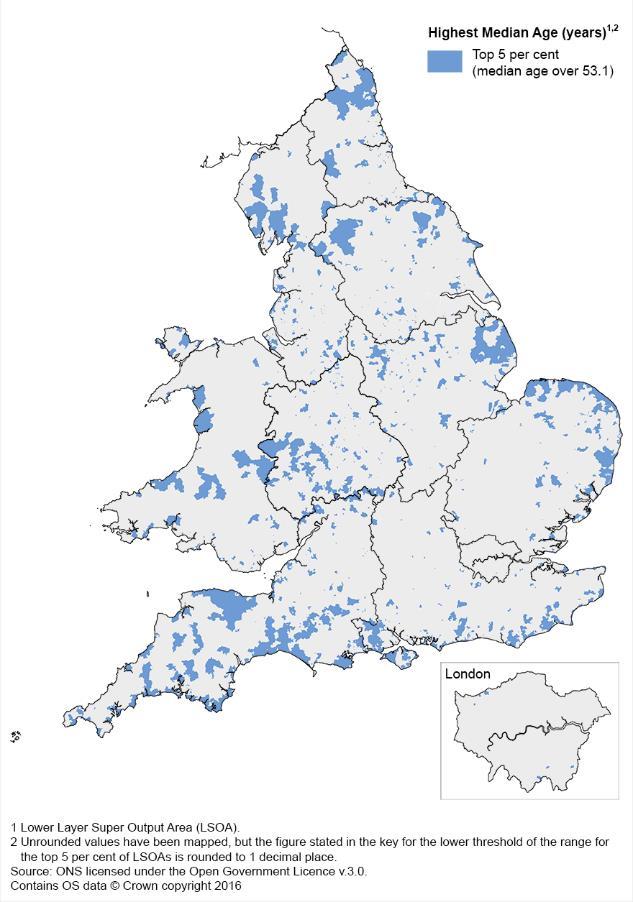 Figure 6: Areas of highest median age for England.