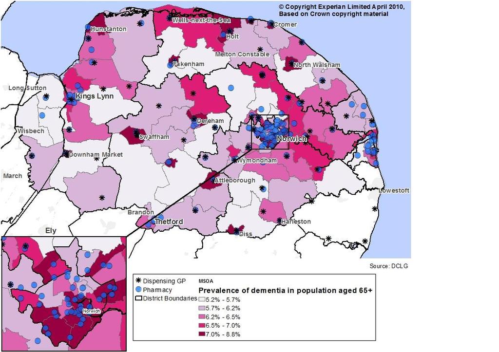 7.5. Dementia and mental health Figure 31: Estimated prevalence of dementia in people aged 65+ at MSOA level (2015) Source: Norfolk County Council The risk of dementia increases with age and the