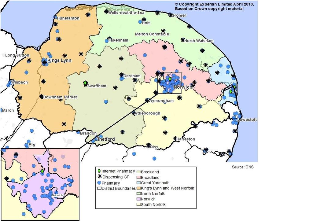Figure 32: Map illustrating districts in Norfolk, community pharmacies and dispensing practices. Data source: ONS 8.1.