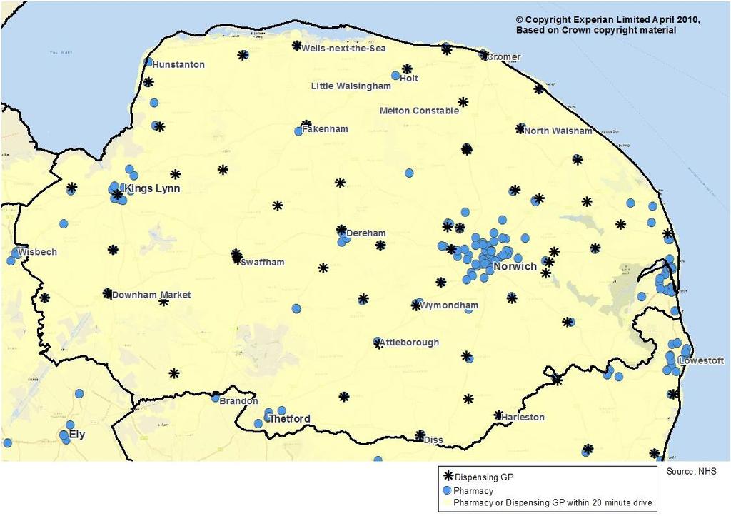 Figure 34: Map illustrating areas within a 20 minute drive of a pharmacy or dispensing GP (lemon yellow). Data source: Health and Social care Information Centre.