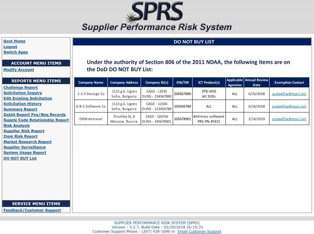 Section 806 Do Not Buy List SPRS will allow