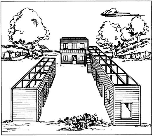 Figure 2-10. Dodge City station. a. Description. This station has two facades. Each has two sides of wood and two of target cloth. (1) One structure is an L-shaped facade.