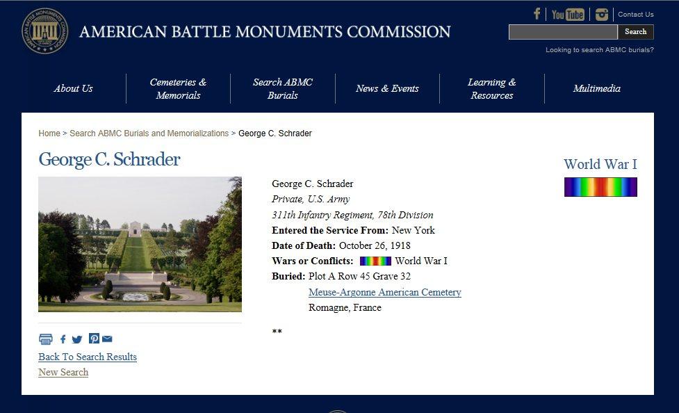 Schrader, George C. Meuse-Argonne American Cemetery France Turner-Schrader Post #34 American Legion, Manchester, is named for Pvt. Schrader. Schrader, George C. AGO fm 724-6.