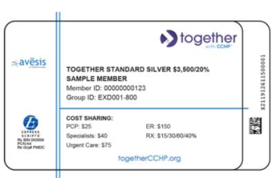 Together with CCHP's membership ID has a purple logo in the corner and does not reference Forward Health.