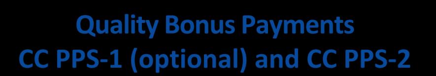 Quality Bonus Payments CC PPS-1 (optional) and CC PPS-2 Required Measures o CCBHC must demonstrate achievement of all 6 required quality measures to receive a QBP Additional Measures o States can