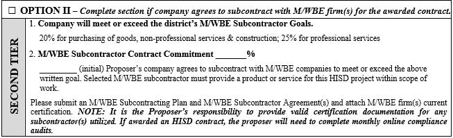 II EXAMPLE OPTION II SUBCONTRACTING Select this option if you are subcontracting with a certified M/WBE company at/or above the district s goal.