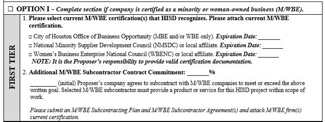 OPTION I CERTIFIED M/WBE COMPANY Select this option if you are a certified M/WBE company. To comply with this documentation, submit page B-5 and a copy of your current certification.