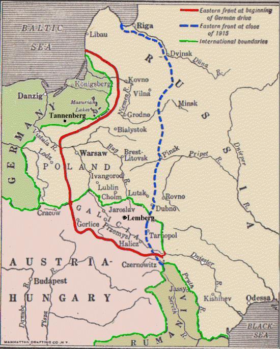 Eastern Front Russia mobilizes faster than expected. Battle of Tannenberg, Aug. 26-30, 1914 Decisive German victory.