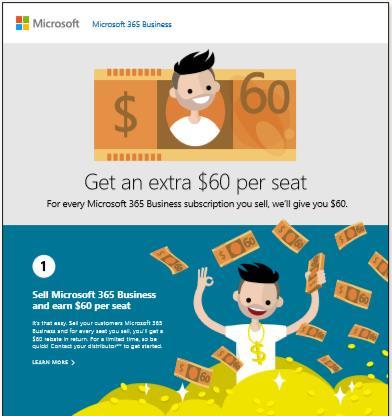 Microsoft 365 EDM Promo Summary $60 per seat for each new M365 seat sold Min/Max incentive amount: AU$300/AU$30,000 Applies to both net new customers and upgrades from other SKUs Promo ends on June