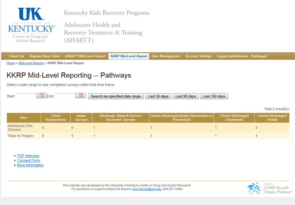 Mid-Level Reporting View KKRP Mid-Level Reports to see summary counts of all clients and surveys completed in the