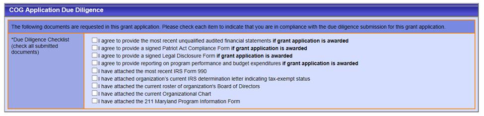 Application Due Diligence Verification The following documents are required for this Community Operational Grant Application.