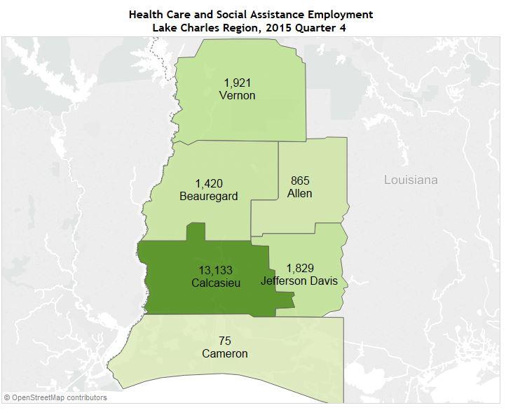 Parish Number Employed by Parish Avg. Employment Health Care Industry Percent Health Care Related Employment Avg. Employment All Industries Lake Charles RLMA 19,243 13.