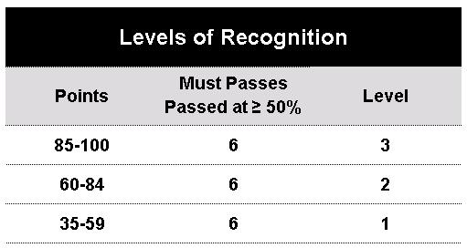 Levels of Recognition (Same as 2011) 6 Standards = 100 Points 6 Must Pass Elements Must Pass Elements require a score of 50% to