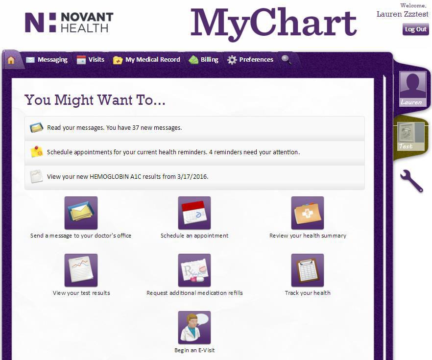 Enhanced patient portal: Post-login MyNovant.