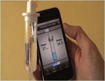 Figure 3: Interface for setting a drip-rate. The user adjusts the clamp to synchronize the real drip chamber (shown on the left) with the visual animation on the app.
