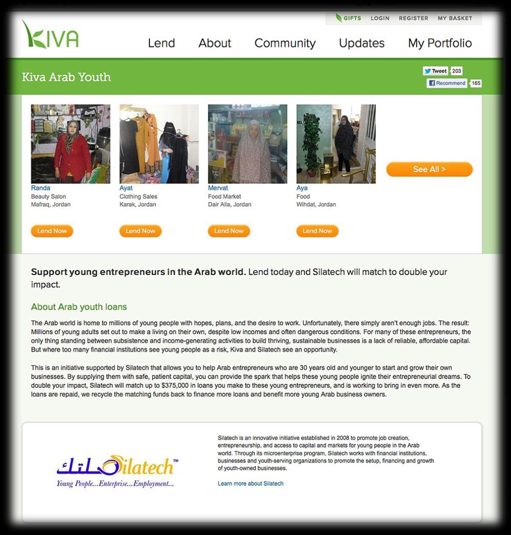 Our Response: E-giving Pilot - Kiva Arab Youth 2012-2013 Kiva is the world s largest micro-lending platform.
