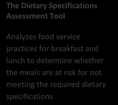 Dietary Specifications Assessment Tool Dietary Specifications Assessment Tool captures information about operational and menu planning practices and enables the SA to further examine the school s