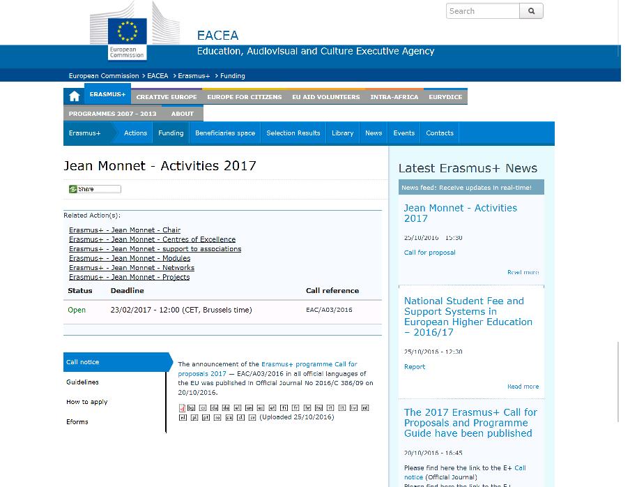 Web-site Call for Proposals Jean Monnet 2017 EAC/A03/2016