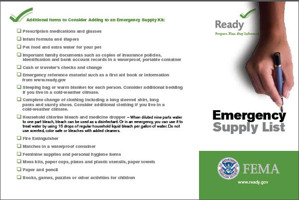 Basic Emergency Kit Supplies Emergency Kit Supplies Water - 1 gallon per person / per day for 3 days Food - 3 day supply of nonperishable food, can opener Radio Hand crank /