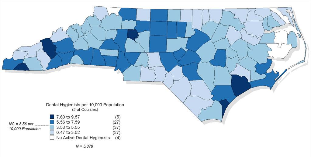 NC s supply of dental hygienists mirrors dentist supply. Four counties with no hygienists.