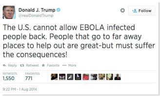 EMORY EBOLA TIMELINE Emory announces it will treat Ebola patients. Trump sends alarmist tweets. Media focuses on Nancy Writebol s arrival.