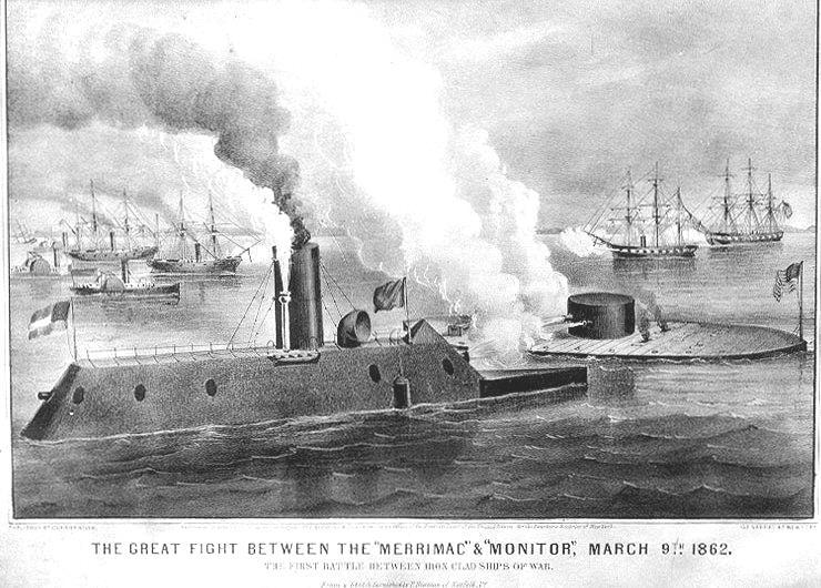 AN IRONCLAD WAS A STEAM- PROPELLED WARSHIP THAT WAS PROTECTED BY IRON OR STEEL ARMOR PLATE. THE BATTLE BETWEEN THE SHIPS WAS THE FIRST BATTLE BETWEEN IRONCLADS.