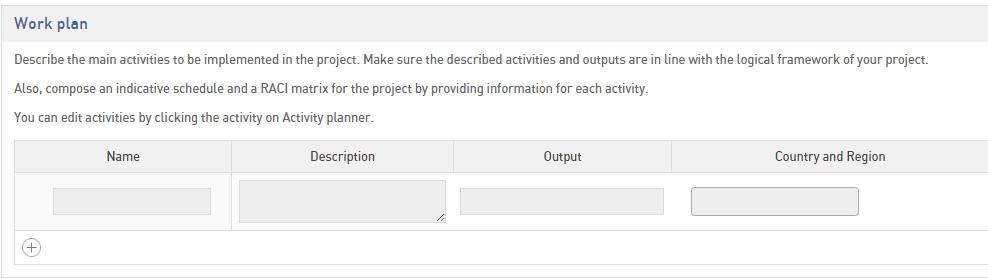 Create a work plan for the project. Click + sign to add activity and the Add activity pop up window opens.