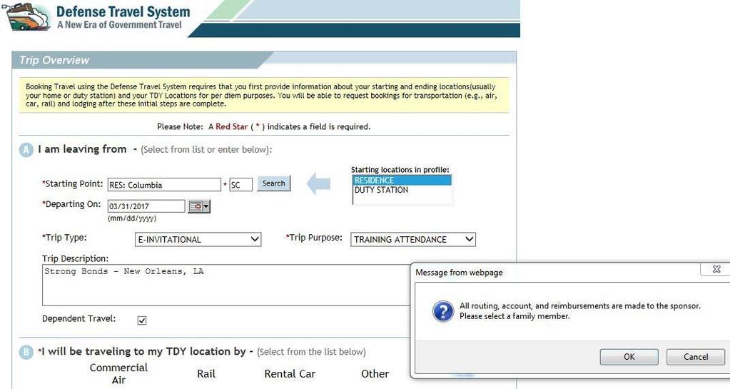 Step 2: Create Authorization (1) Select Starting location: Residence (2) Select departure