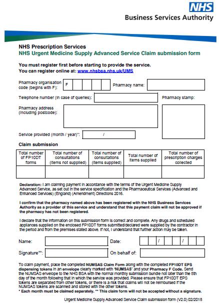 Figure 4: Copy of the NHS Urgent Medicines Supply Advanced Service Claim submission form 5 General Service Troubleshooting 5.